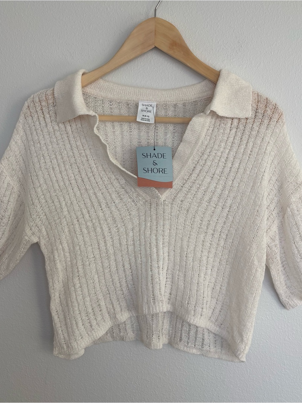 NWT Shade & Shore Off-White Open Knit Cropped Polo Sweater Top M Coastal Boho